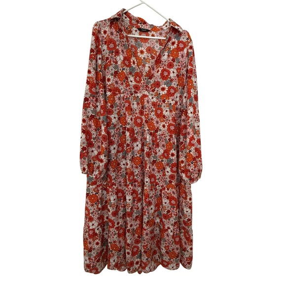 Dokotoo Dresses & Skirts - Dokotoo‎ Maxi Dress SZ XL Orange Floral V Neck Collared Long Sleeve Tiered Boho